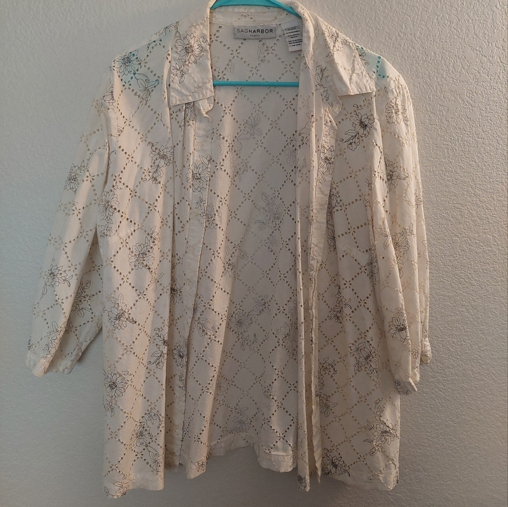 Sag Harbor, 100% cotton, 1X, white eyelet shirt